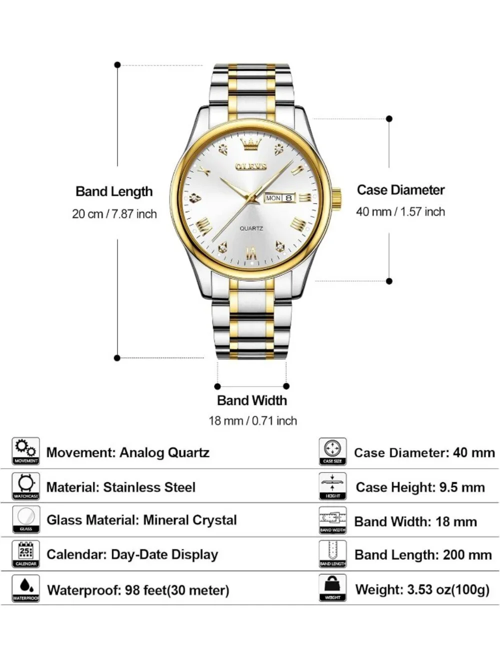 Olevs Men's Silver Gold Luxury Stainless Steel Big Analog Quartz Luminous Watch